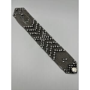 Guang Tong Wide Mesh Metal Crystal Bracelet Antiqued Silver Tone Punk Edgy Rock